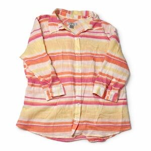CJ Banks Striped Button Down Blouse 1X | Pink Orange Yellow Lightweight Top